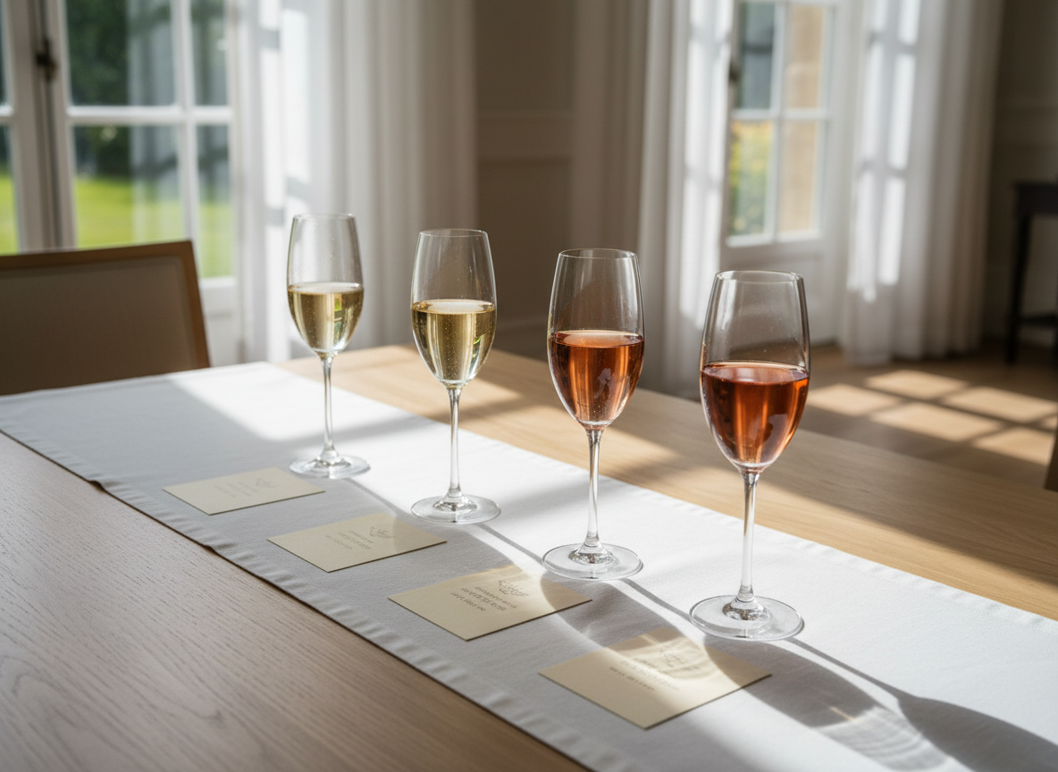 A meticulously styled tasting setup shows four champagne flutes, each holding a different shade of champagne from pale straw to deep amber rosé, arranged in a subtle arc on a pristine white linen runner. Small, blank ivory tasting cards lie neatly in front of each glass. The table is made of light oak with a smooth, satin finish, set near a large window where soft afternoon daylight filters through sheer curtains, casting diffused, elegant shadows. Photographic realism, captured from a slightly elevated, three-quarter angle, with a moderate depth of field that keeps all glasses in clear focus while gently blurring the airy background. The mood is refined, contemplative, and dedicated to discovering nuanced flavor.