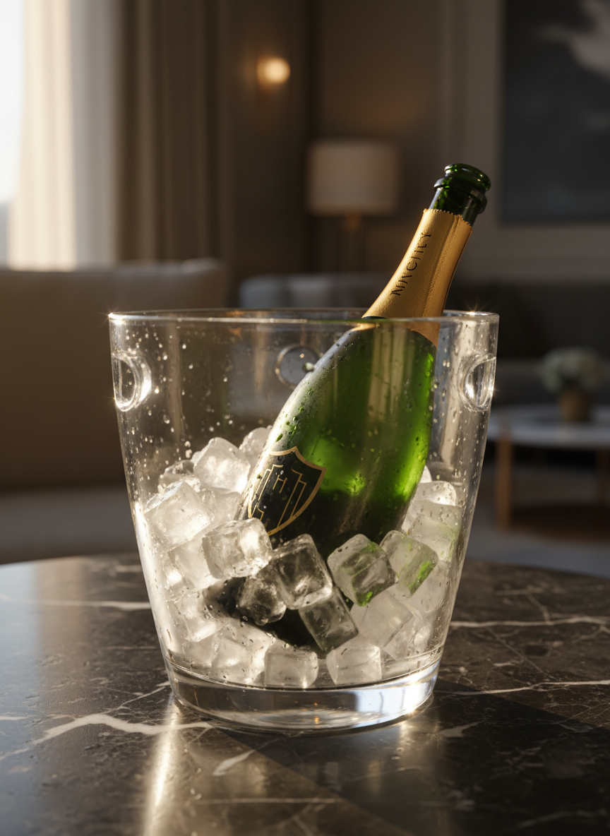 A chilled bottle of prestige champagne with a deep green glass and elegant gold-foiled neck rests in a crystal-clear ice bucket filled with glistening ice cubes. Fine condensation beads shimmer on the bottle, highlighting the embossed, minimalist label that suggests luxury without showing any brand. The bucket stands on a dark, high-gloss marble table with subtle white veining. Soft golden hour light from the side creates delicate reflections on the glass and ice, with a gently blurred background of an upscale, neutral-toned interior. Photographic realism, shot at eye level with a shallow depth of field, emphasizing refinement, celebration, and understated sophistication.
