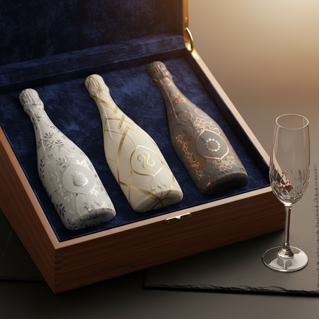An artfully arranged trio of different champagne bottles lies in a custom velvet-lined presentation box, each bottle wrapped in tissue with subtle metallic accents. The labels are clean, minimalist designs hinting at rarity and craftsmanship, without readable text. The box rests on a smooth, matte black surface beside a single, empty crystal flute catching soft highlights. Overhead, warm, diffused studio lighting creates a gentle gradient of light across the scene, enhancing textures of glass, foil, and velvet. Composed from a slightly elevated angle with sharp focus on the bottles and a softly fading background, the photographic image exudes exclusivity, discernment, and curated luxury.