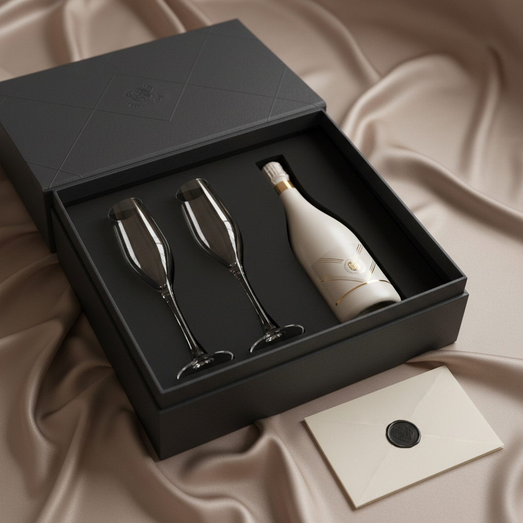 An ultra-luxurious champagne gift moment: a dark, matte charcoal gift box with a subtle embossed pattern sits partially open on a silky, champagne-colored fabric. Inside, nestled in custom-cut black foam, lies a single champagne bottle with a satin-finished label and understated metallic accents, accompanied by two slender crystal flutes. A black wax seal on a folded vellum note rests on the corner of the box, hinting at personalization without text. Soft, directional studio lighting from the right creates gentle highlights and deep, velvety shadows, emphasizing texture and depth. Photographic realism, framed with asymmetrical balance and a shallow depth of field, evokes the anticipation of gifting and receiving something truly exceptional.