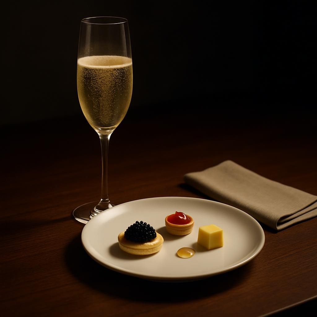 A refined champagne and gastronomy pairing scene shows a single flute of pale gold champagne beside a minimalist white porcelain plate holding three meticulously arranged hors d’oeuvres: a delicate blini with caviar, a tiny tart with glossy fruit, and a precise cheese cube with a honey droplet. The setting is a dark walnut table with a satin finish, accented by a single linen napkin in a muted sand tone. Warm, focused overhead lighting creates a halo of brightness around the glass and plate, with soft falloff into a moody background. Photographic realism, captured from a slightly elevated angle, with shallow depth of field isolating the pairing. The atmosphere is opulent yet restrained, celebrating exceptional taste and curated moments.