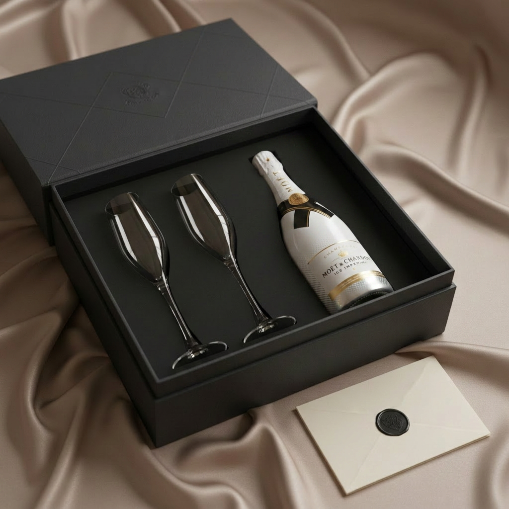 An ultra-luxurious champagne gift moment: a dark, matte charcoal gift box with a subtle embossed pattern sits partially open on a silky, champagne-colored fabric. Inside, nestled in custom-cut black foam, lies a single champagne bottle with a satin-finished label and understated metallic accents, accompanied by two slender crystal flutes. A black wax seal on a folded vellum note rests on the corner of the box, hinting at personalization without text. Soft, directional studio lighting from the right creates gentle highlights and deep, velvety shadows, emphasizing texture and depth. Photographic realism, framed with asymmetrical balance and a shallow depth of field, evokes the anticipation of gifting and receiving something truly exceptional.