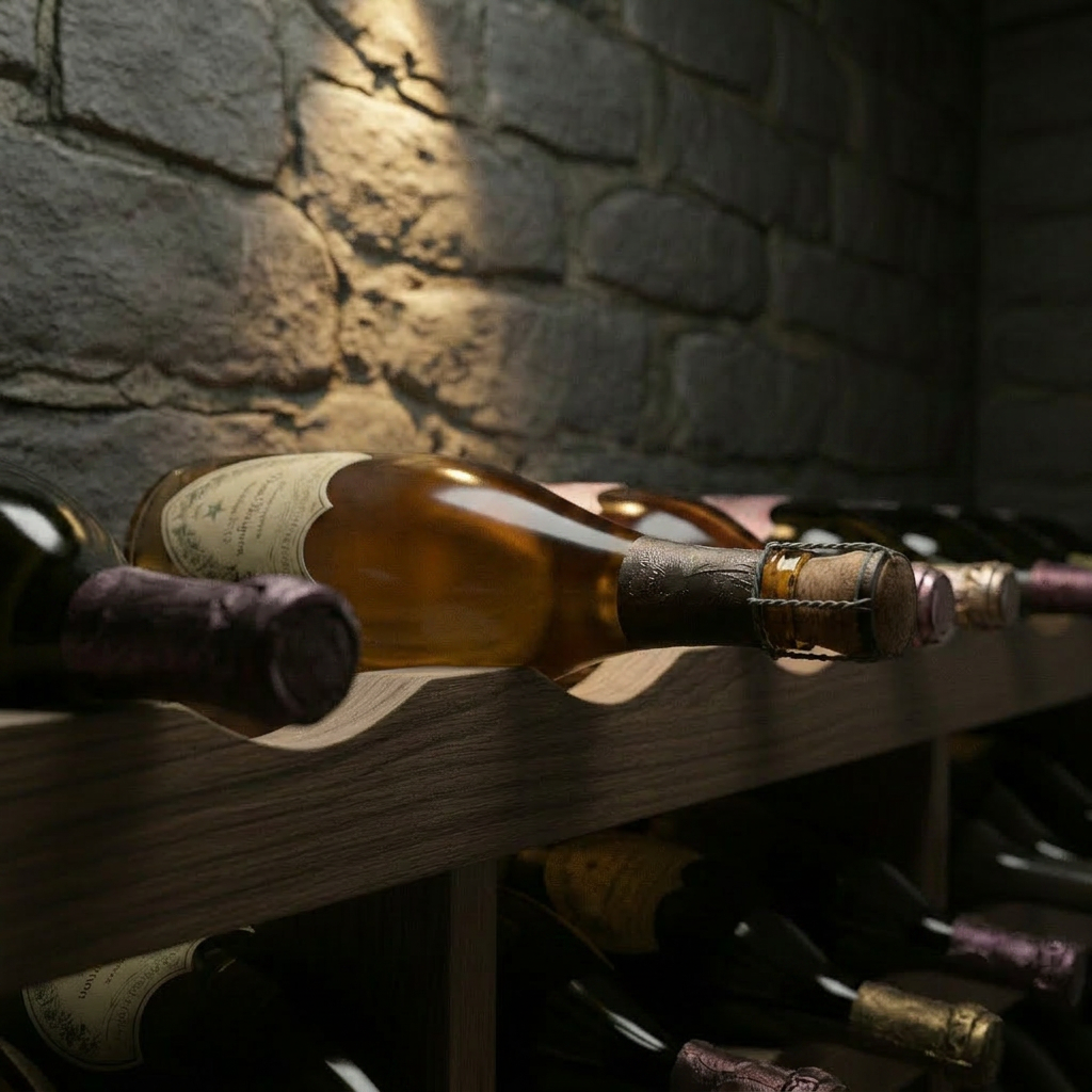 A cellar-inspired still life features an unlabeled champagne bottle resting horizontally in a dark oak rack, surrounded by other anonymous bottles fading into soft shadow. The nearest bottle’s glass shows a subtle patina of cellar dust, while the cork and wire cage are detailed and tactile. The background reveals rough stone walls with a cool, textured surface, partially lit by a narrow shaft of warm light from above. The lighting creates dramatic contrasts, highlighting the curves of the glass and the grain of the wood. Photographic realism, shot from a low, side-on angle with a moderate depth of field, conveying quiet exclusivity, age-worthiness, and the artistry behind exceptional cuvées.