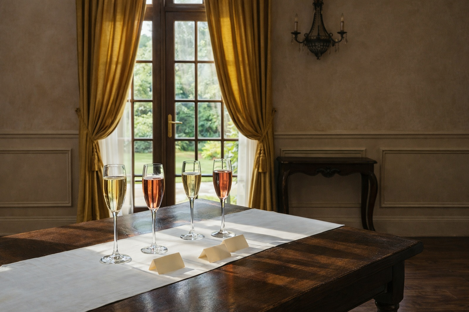 A meticulously styled tasting setup shows four champagne flutes, each holding a different shade of champagne from pale straw to deep amber rosé, arranged in a subtle arc on a pristine white linen runner. Small, blank ivory tasting cards lie neatly in front of each glass. The table is made of light oak with a smooth, satin finish, set near a large window where soft afternoon daylight filters through sheer curtains, casting diffused, elegant shadows. Photographic realism, captured from a slightly elevated, three-quarter angle, with a moderate depth of field that keeps all glasses in clear focus while gently blurring the airy background. The mood is refined, contemplative, and dedicated to discovering nuanced flavor.